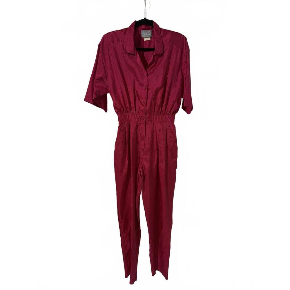 Vintage 80s Pink Poly Short Sleeve Jumpsuit
